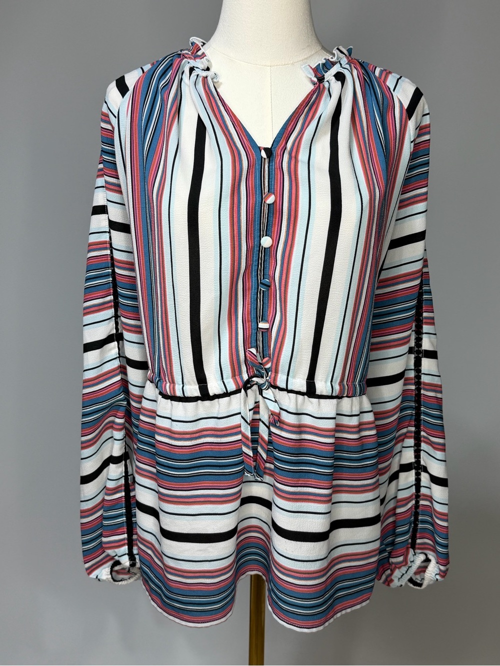 Lane Bryant White Stripe Tie-Waist Long Sleeve Top with Pink & Blue